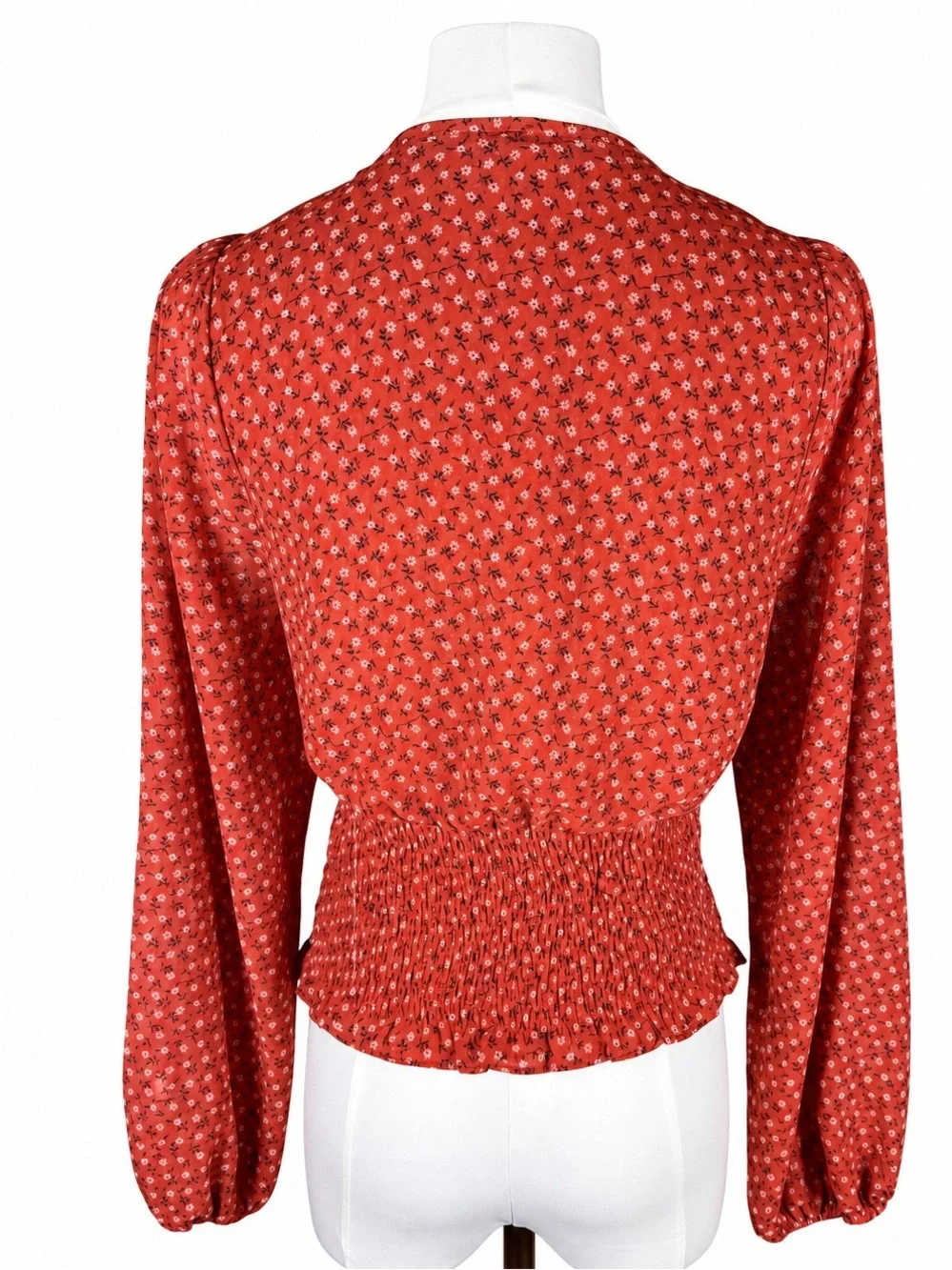 Madewell Red Floral Faux Wrap Wide Elastic Waist Blouse Size Small Puff Sleeve S